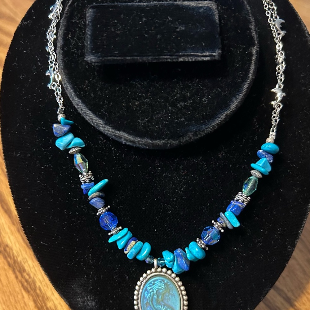 Vintage Kirks Folly Blue Beaded Mermaid Necklace with Silver Accents